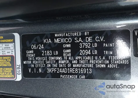 2024 Kia Forte Lxs z USA, uszkodzony, nr VIN 3KPF24AD1RE816913